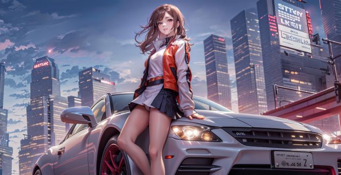 Anime girl with a car, beautiful, art wallpaper