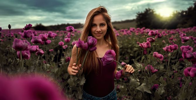 Beautiful woman, outdoor at farm field, model wallpaper