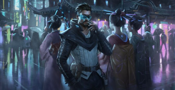 Cyberpunk, man with sword, game art wallpaper
