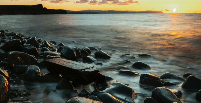 Coast, black rocks, sunset wallpaper