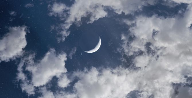 Crescent moon, half moon, clouds, blue sky, cosmos stars wallpaper