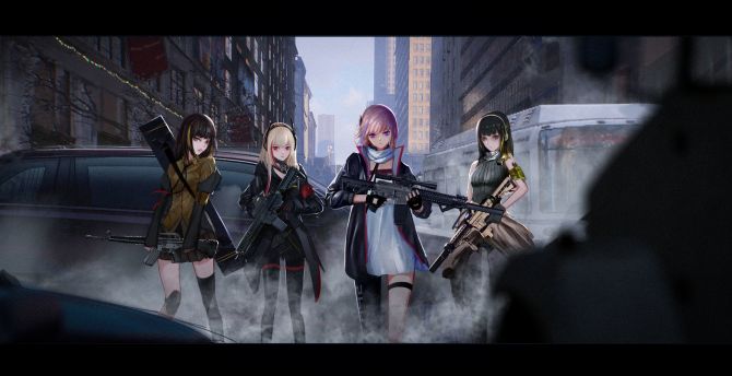 On street, grils frontline, anime girls with gun wallpaper