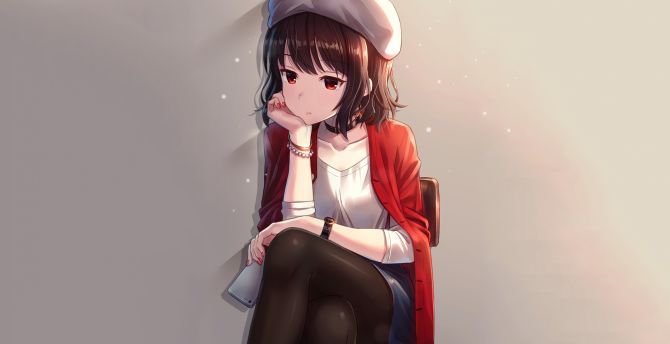Red eyes, cute, anime girl, sit, original wallpaper