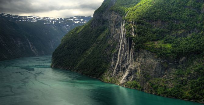 River, seven sisters, waterfall, Geirangerfjord wallpaper