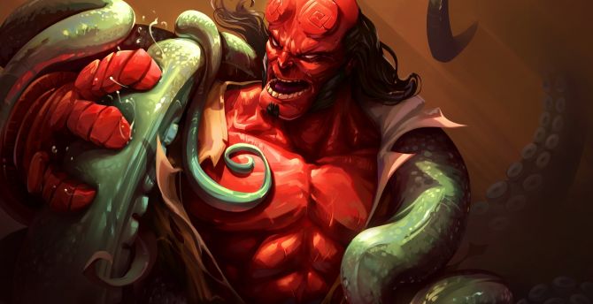 Red, Hellboy and creature, fight, art wallpaper