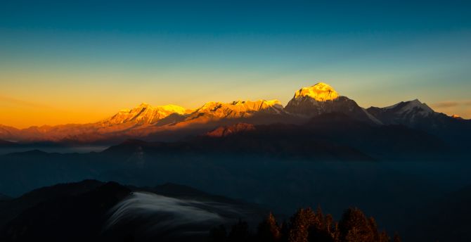 Mountain, golden peaks, Himalaya, mountains range, sunset wallpaper