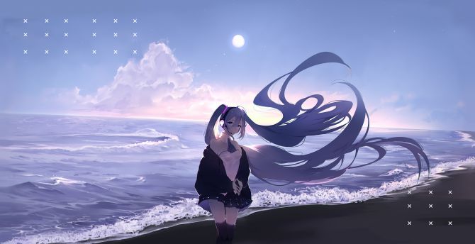 Hatsune Miku, long hairs, seashore wallpaper