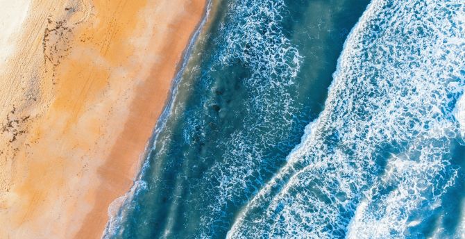 Sunny day, aerial view, coast, sea waves wallpaper