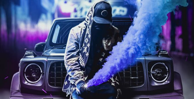 Boy with smoke bomb, photography wallpaper