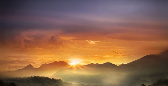 Horizon, sunrise, mountains, nature wallpaper