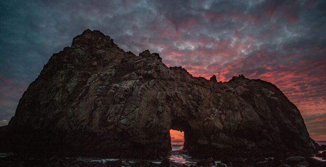 Keyhole arch, sunset, cliff, coast, nature wallpaper