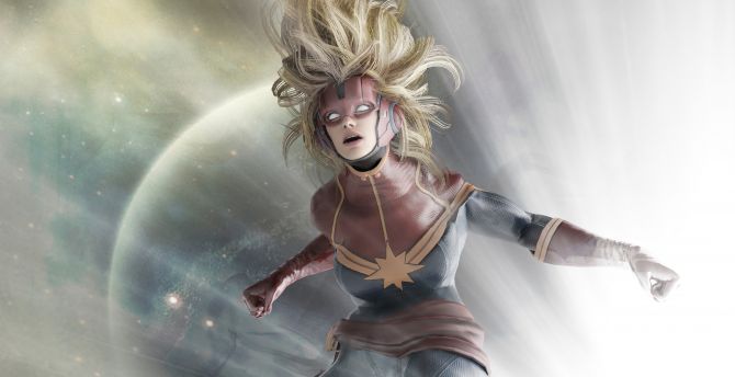 Captain Marvel, blonde superhero of universe, fan art wallpaper