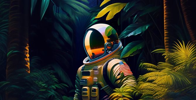 Astronaut in deep forest, AI art wallpaper