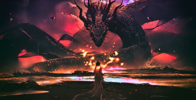 Dragon, sea monster, woman, fantasy, art wallpaper
