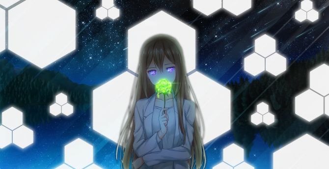 Anime girl, green flower, cute, artwork wallpaper