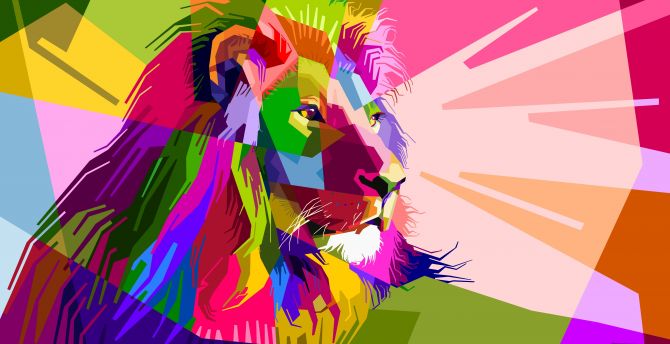 Lion, multicolor, geometry, muzzle, abstract, digital art wallpaper