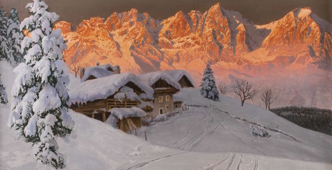 Mountains, winter, landscape, glowing mountains, art wallpaper