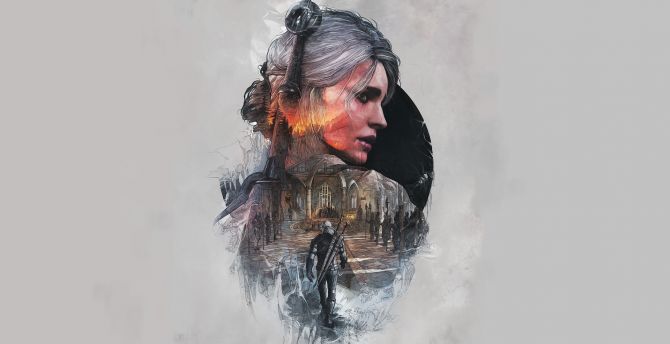 The witcher, artwork, Ciri and Geralt of Rivia, minimal wallpaper