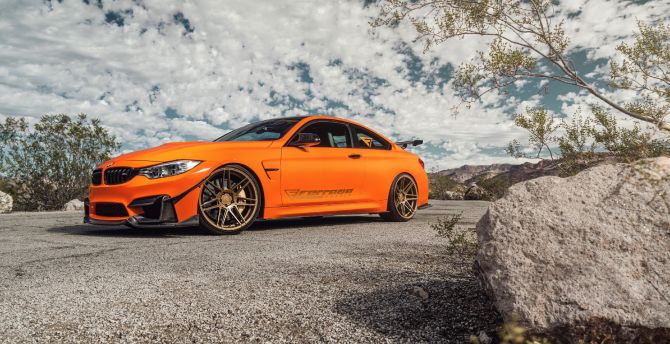 BMW M4, orange car, side view wallpaper