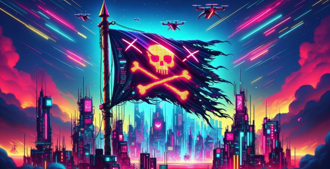 Cyberpunk city, pirate flag, game art wallpaper