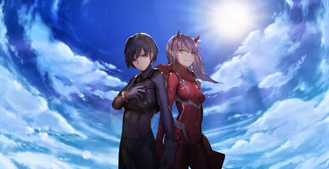 Hiro and zero two, anime, happy, couple wallpaper