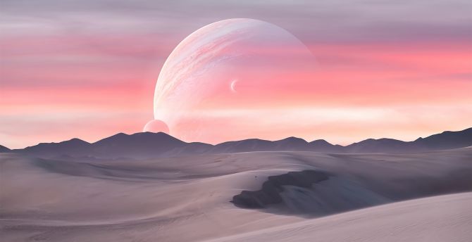 Evanescent, fantasy, moon and desert landscape, art wallpaper