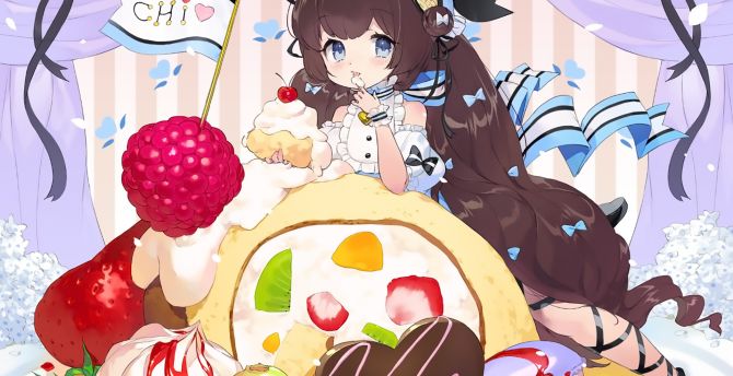 Cake, cute, original, anime girl wallpaper