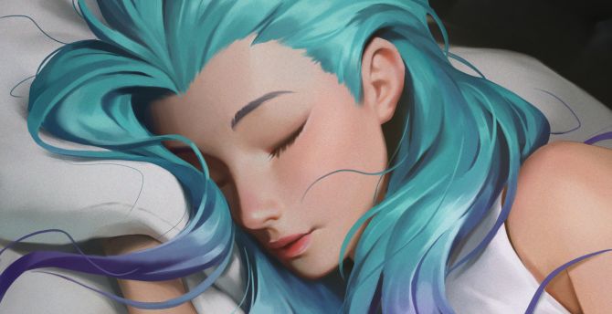 Blue hair girl, sleeping, original, art wallpaper
