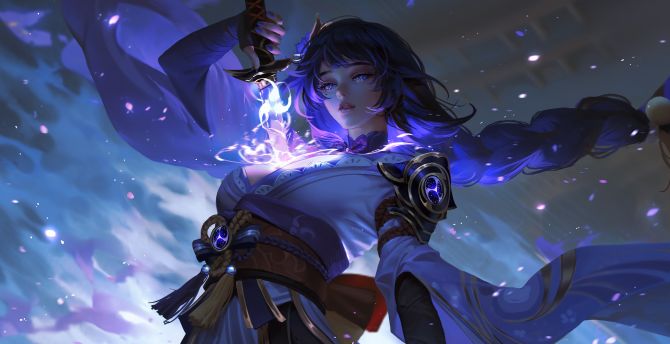 Cute girl with blue sword, fantasy, art wallpaper