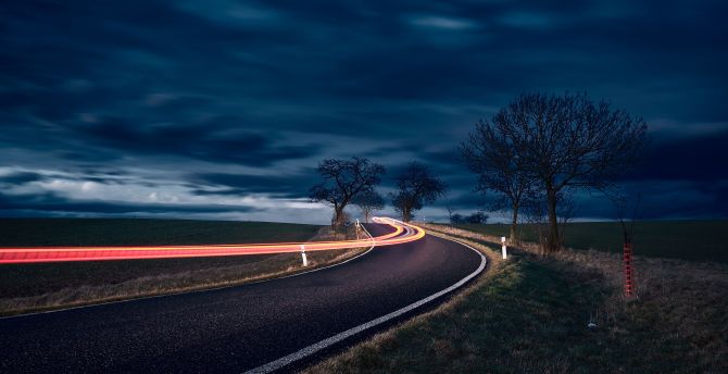 Night, landscape, highway, turn, long exposure wallpaper