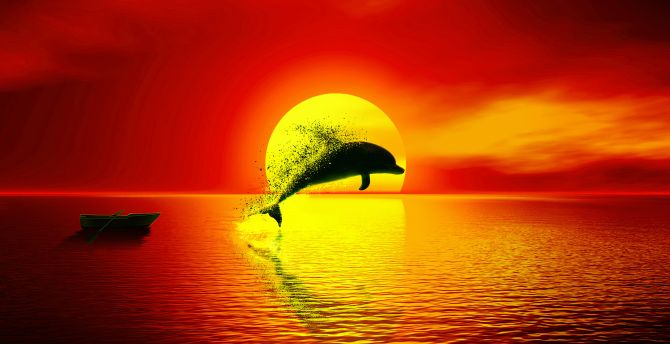 Dolphin, dispersion, sunset, seascape, art wallpaper