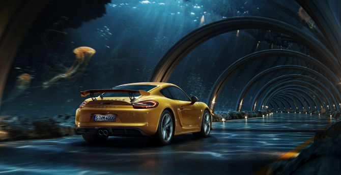 Porsche, yellow, digital photography, tunnel wallpaper