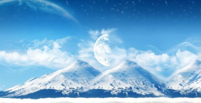Moon, mountains, artwork, fantasy wallpaper