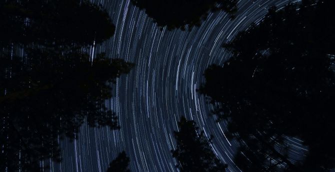 Starry sky, night, silhouette, star trails wallpaper