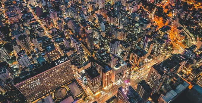 Aerial view, a night of the city, buildings wallpaper
