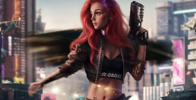 Cyberpunk 2077, redhead woman, art wallpaper