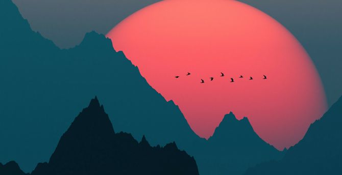 Sunset, mountains and birds, big sun, silhouette, dark wallpaper