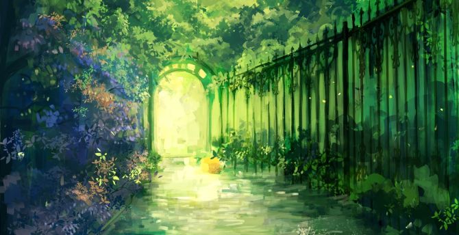 Gate, garden, iron fence, greenery, artwork wallpaper