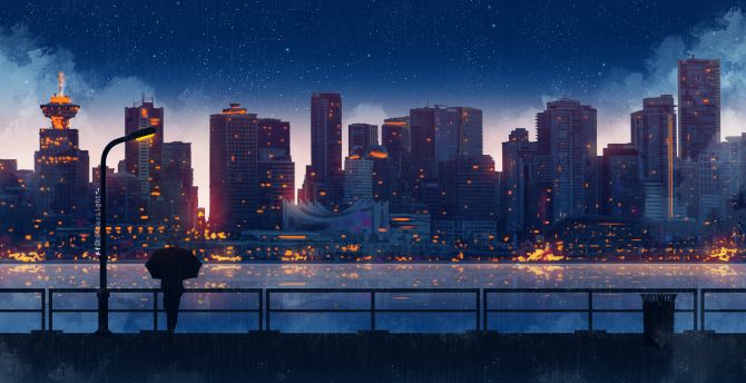 A rain night, buildings, night, cityscape, art wallpaper