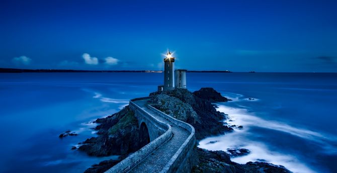 Lighthouse, France, landmark, night, coast, sea wallpaper