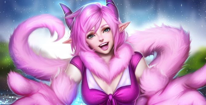 Pink hair, elf girl, smile, pretty, original, art wallpaper