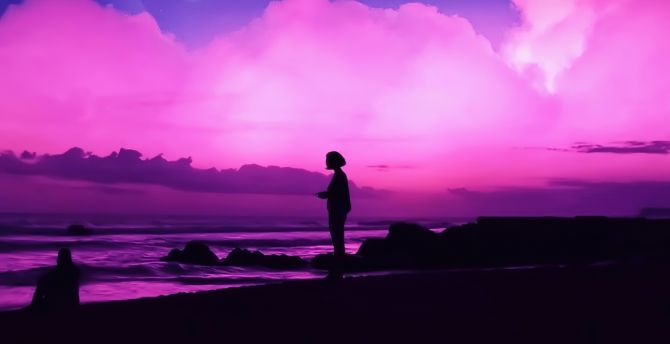 The Silhouette, dream pink sunset, artwork, minimal wallpaper
