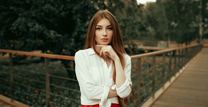 Blonde, white shirt, girl model, outdoor wallpaper