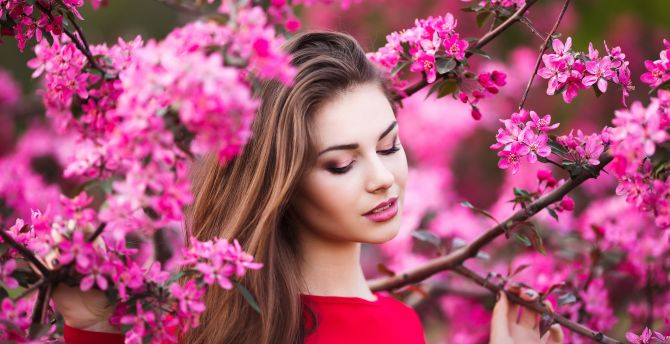 Blossom, girl model, flowers, mood wallpaper