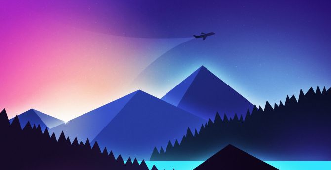 Minimalism, airplane over mountains, gradient wallpaper