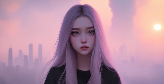 Girl in pink hair, cute teen girl art wallpaper