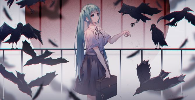 Hatsune miku and crows, anime wallpaper