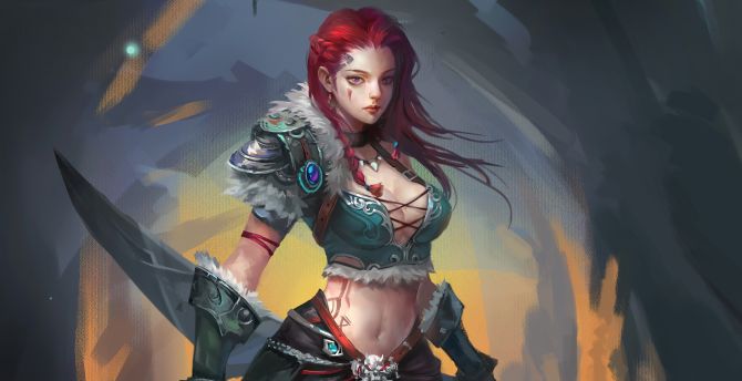 Redhead, warrior girl, fantasy, art wallpaper