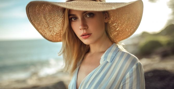 Ksenia kokoreva, big straw hat, girl model wallpaper
