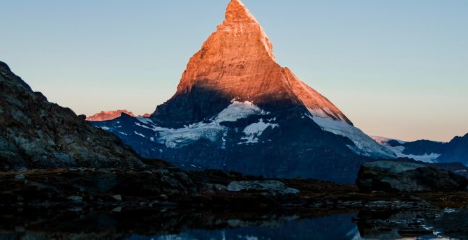 Matterhorn, mountain, glow, sunset, lake wallpaper
